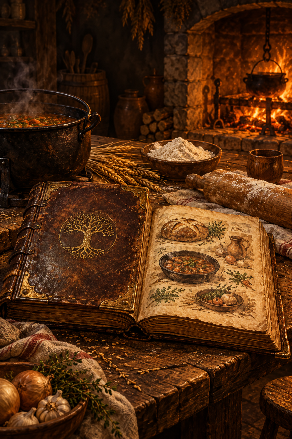 Halvor's worn Hearthbook open beside a fire, flour and a cooking pot